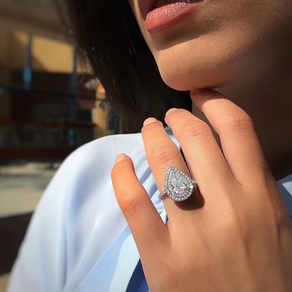 925 Silver pear cut teardrop halo ring, new!